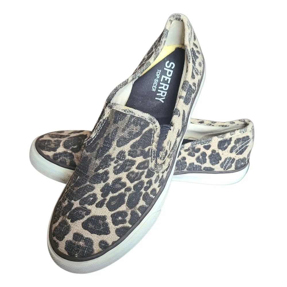 Sperry Leopard Print Slip On Canvas Shoes Women’s Size 8 Casual Sneakers